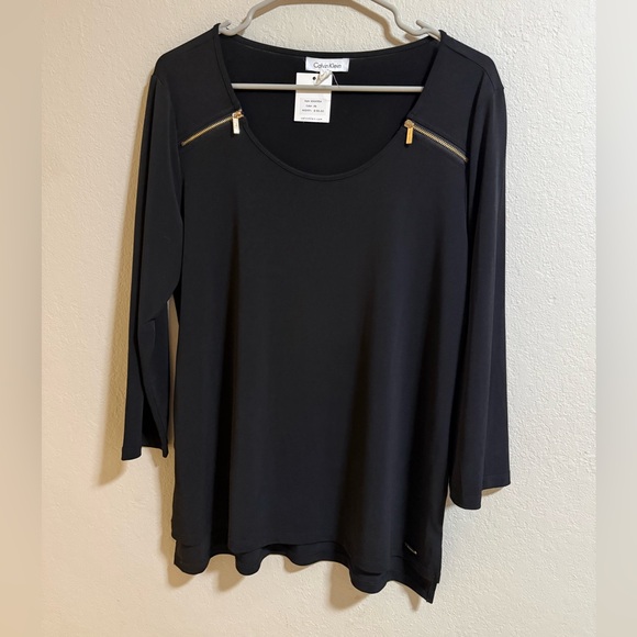 Calvin Klein Tops - Calvin Klein Black Zip Shoulder Long Sleeve Top Size L